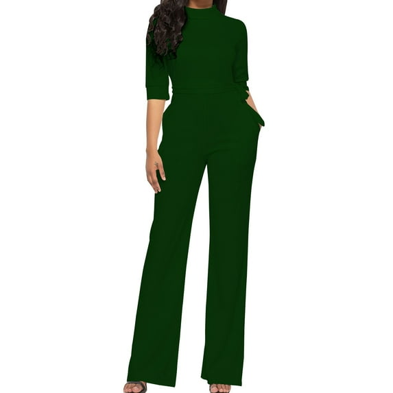 Lenpel Jumpsuits for Women Half Sleeve Mock Neck Dressy Casual Wide Leg Long Pants Belted Rompers with Pockets