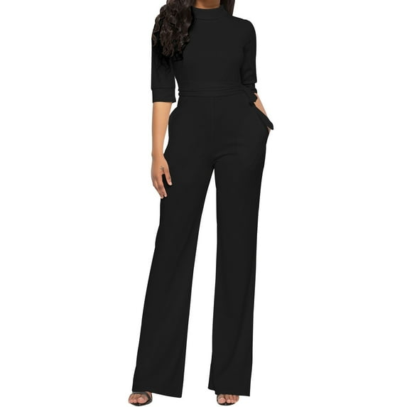 Lenpel Jumpsuits for Women Half Sleeve Mock Neck Dressy Casual Wide Leg Long Pants Belted Rompers with Pockets