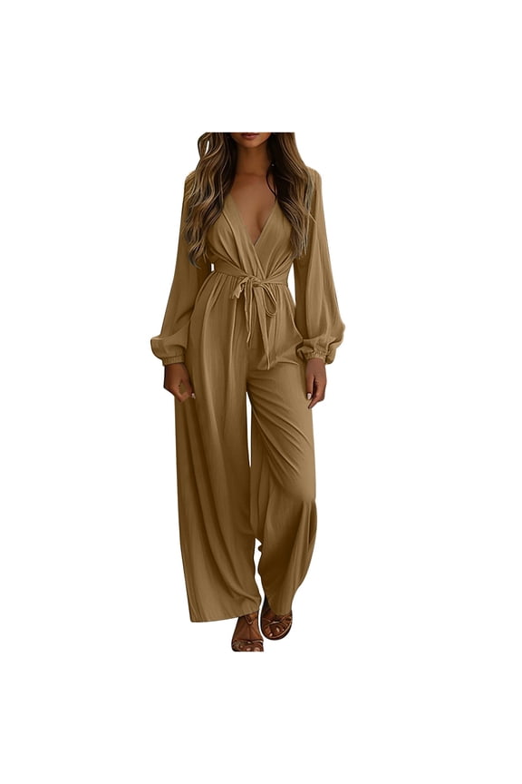 Jumpsuits for Women Long Sleeve Wrap Deep V Neck Wide Leg Long Pants One Piece Belted Casual Rompers One Piece Outfits(Brown,XX-Large)