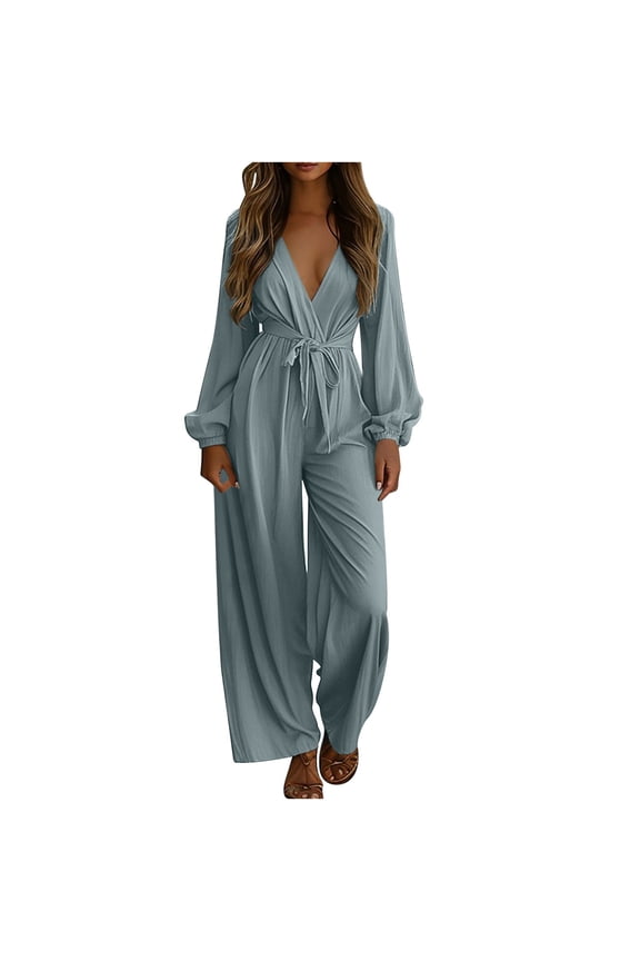 Jumpsuits for Women Long Sleeve Wrap Deep V Neck Wide Leg Long Pants One Piece Belted Casual Rompers One Piece Outfits(Gray,Medium)