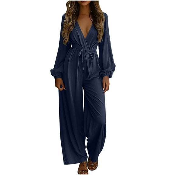 Lenpel Jumpsuits for Women Long Sleeve Wrap Deep V Neck Wide Leg Long Pants One Piece Belted Casual Rompers One Piece Outfits(Navy,Small)