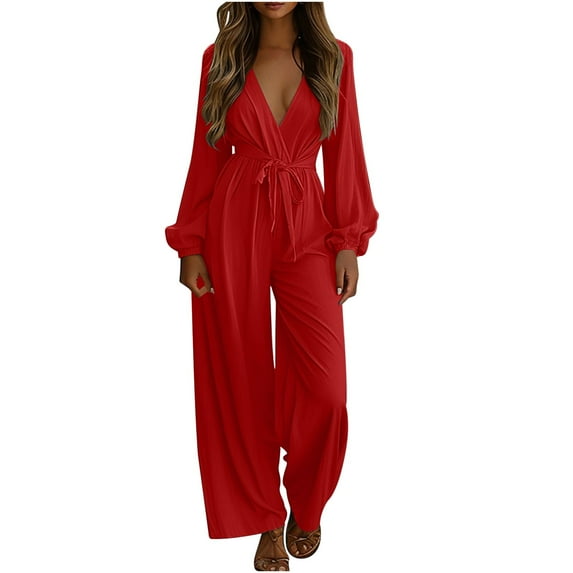 Lenpel Jumpsuits for Women Long Sleeve Wrap Deep V Neck Wide Leg Long Pants One Piece Belted Casual Rompers One Piece Outfits(Red,Small)