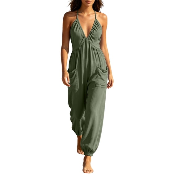 Lenpel Jumpsuits for Women Ruched V Neck Spaghetti Strap Vacation Outfits Pleated Long Rompers Joggers with Pockets