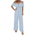 thumbnail image 1 of Lenpel Jumpsuits for Women Ruffle Short Sleeve Spaghetti Strap off Shoulder Striped Lounge Pants Wide Leg Rompers, 1 of 5