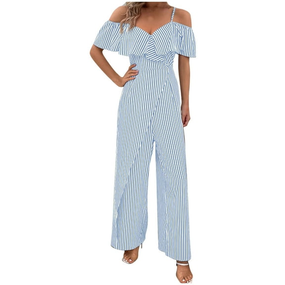 Lenpel Jumpsuits for Women Ruffle Short Sleeve Spaghetti Strap off Shoulder Striped Lounge Pants Wide Leg Rompers