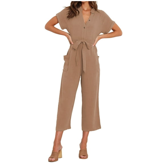 Lenpel Jumpsuits for Women Short Sleeve V Neck Button Belted Wide Leg Rompers Comfy Casual Overalls with Pockets