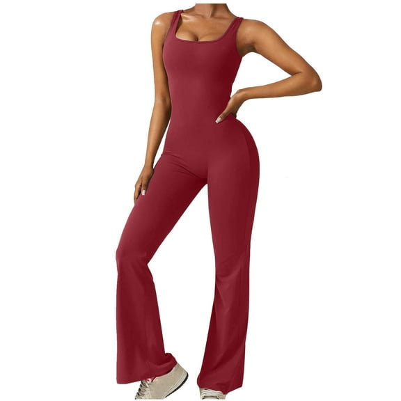 Lenpel Jumpsuits for Women Sleeveless Suqare Neck Backless Scrunch Butt Flare Leggings Rompers Bootcut Yoga Bodysuits