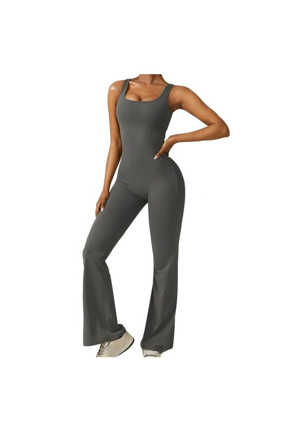 Jumpsuits for Women Sleeveless Suqare Neck Backless Scrunch Butt Flare Leggings Rompers Bootcut Yoga Bodysuits