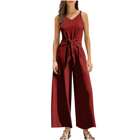 Lenpel Jumpsuits for Women Summer Casual Sleeveless V Neck Tie Front Pleated Wide Leg Rompers Beach Vacation Outfits