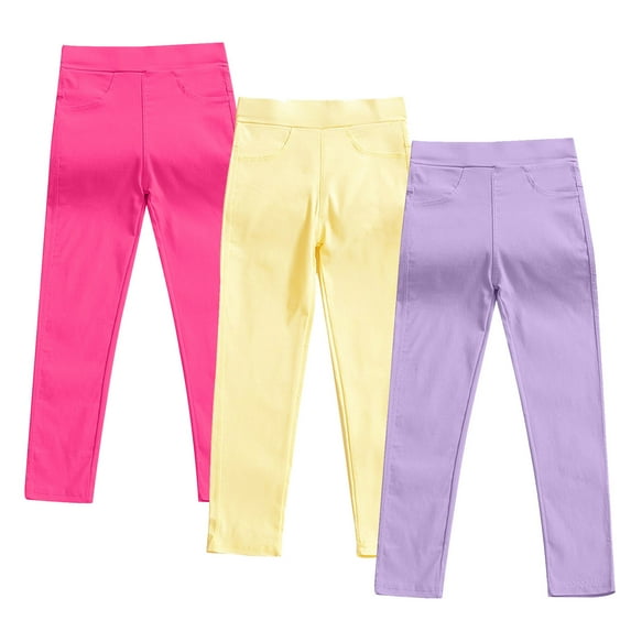 Lenpel Leggings for Girls 3pc Toddler Cotton Stretchy Solid Color Skinny Pants Fashion Casual Trousers with Pockets 3-10 Y