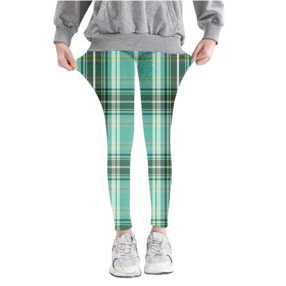Lenpel Leggings for Girls High Waisted Plaid Printed Full Length Stretchy Yoga Pants Workout Running Tights