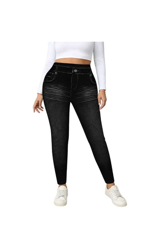 Leggings for Women Jean like High Waisted Stretchy Shinny Pants Tight Trendy Casual Pants with Pockets