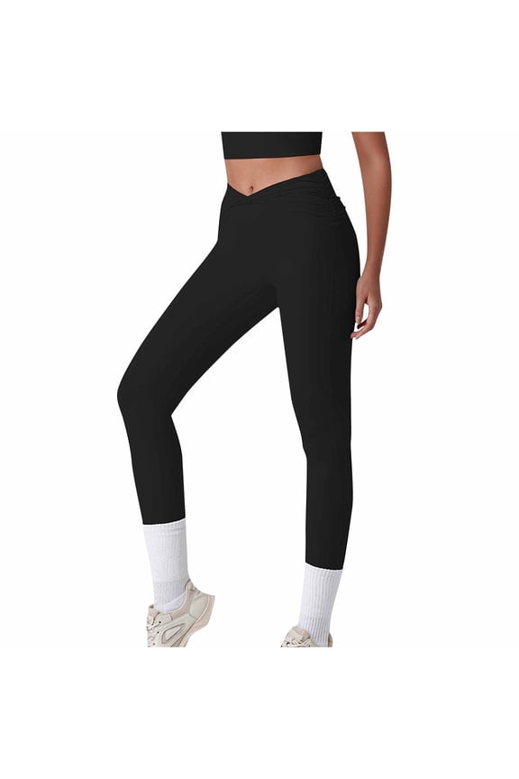 Leggings for Women Ruched Crossover High Waisted Full Length Stretch Yoga Pants Athletic Workout Tights