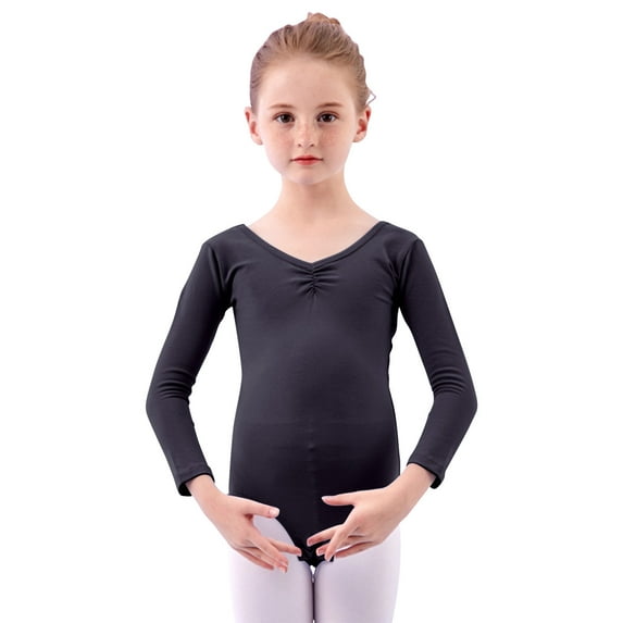 Lenpel Leotards for Girls Toddler Cotton V Neck Ruched Long Sleeve Performance Bodysuits Ballet Dancewear Outfits(Black,8-9 Years)