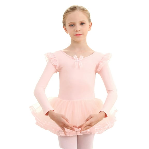 Lenpel Leotards for Girls Toddlers Cotton Crew Neck Long Sleeve Performance Bodysuits with Mesh Skirts Children Dance Outfits(Pink,2-3 Years)