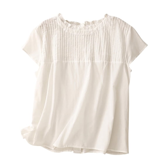 Lenpel Line Tops for Women Trendy Short Sleeve Ruffle Crew Neck Pleated Solid Color T-Shirts Fashion Casual Blouses