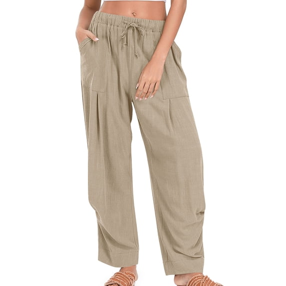 Lenpel Linen Pants Women Cotton Elastic High Waisted Drawstring Pleated Straight Leg Pants Baggy Casual Trousers with Pockets