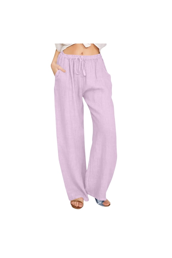 Linen Pants for Women Cotton Elastic High Waisted Pleated Straight Leg Casual Pants Loose Beach Trousers with Pockets