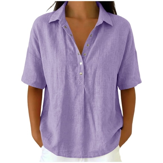 Lenpel Linen Tops for Women Cotton Short Sleeve Half Button Collared Pleated T-Shirts Casual Loose Tunic Blouses