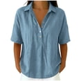 thumbnail image 1 of Lenpel Linen Tops for Women Cotton Short Sleeve Half Button Collared Pleated T-Shirts Casual Loose Tunic Blouses, 1 of 7