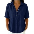 thumbnail image 1 of Lenpel Linen Tops for Women Cotton Short Sleeve Half Button Collared Pleated T-Shirts Casual Loose Tunic Blouses, 1 of 7