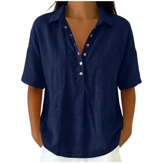 Lenpel Linen Tops for Women Cotton Short Sleeve Half Button Collared Pleated T-Shirts Casual Loose Tunic Blouses