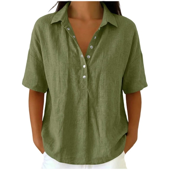 Lenpel Linen Tops for Women Cotton Short Sleeve Half Button Collared Pleated T-Shirts Casual Loose Tunic Blouses
