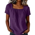 thumbnail image 1 of Lenpel Linen Tops for Women Cotton Square Neck Pleated Solid Color Loose T-Shirts Summer Casual Tunic Blouses, 1 of 5