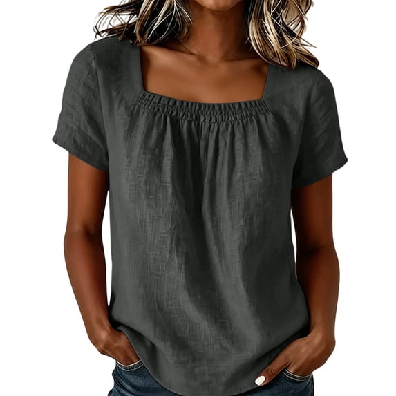 Lenpel Linen Tops for Women Cotton Square Neck Pleated Solid Color Loose T-Shirts Summer Casual Tunic Blouses