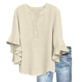 thumbnail image 1 of Lenpel Linen Tops for Women Ruffle Bell 3/4 Sleeve V Neck Quarter Button Cotton T-Shirts Loose Tunic Tops Casual Tee Blouses, 1 of 6