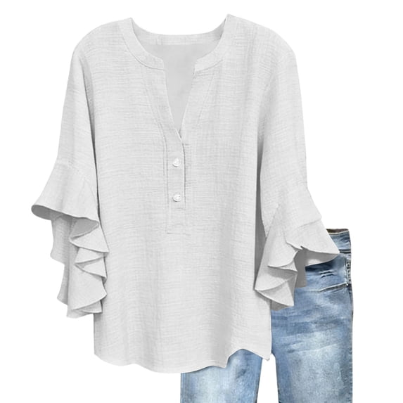Lenpel Linen Tops for Women Ruffle Bell 3/4 Sleeve V Neck Quarter Button Cotton T-Shirts Loose Tunic Tops Casual Tee Blouses