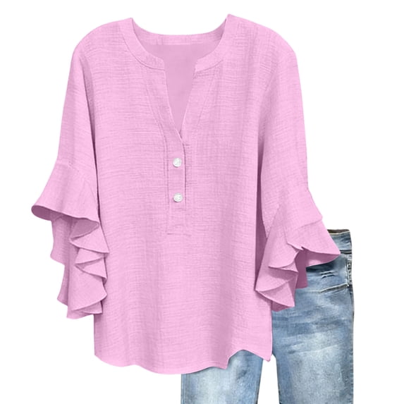 Lenpel Linen Tops for Women Ruffle Bell 3/4 Sleeve V Neck Quarter Button Cotton T-Shirts Loose Tunic Tops Casual Tee Blouses