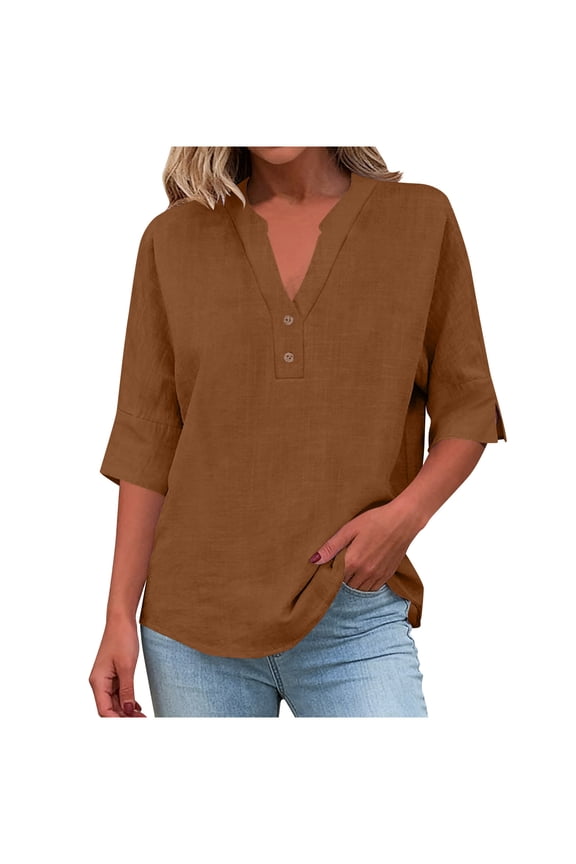 Linen Tops for Women Split Half Sleeve V Neck Quarter Button Curved Hem Cotton T-Shirts Loose Tunic Tops Casual Tee Blouses