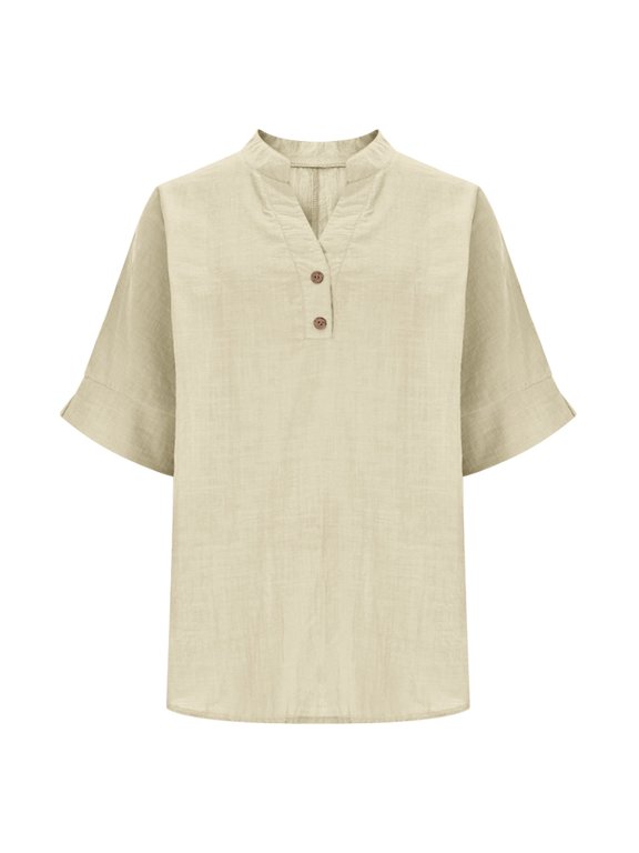 Linen Tops for Women Split Half Sleeve V Neck Quarter Button Curved Hem Cotton T-Shirts Loose Tunic Tops Casual Tee Blouses