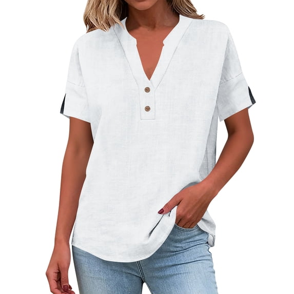 Lenpel Linen Tops for Women Split Short Sleeve V Neck Quarter Button Curved Hem Cotton T-Shirts Casual Loose Tee Blouses