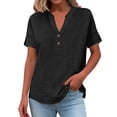 thumbnail image 1 of Lenpel Linen Tops for Women Split Short Sleeve V Neck Quarter Button Curved Hem Cotton T-Shirts Casual Loose Tee Blouses, 1 of 6