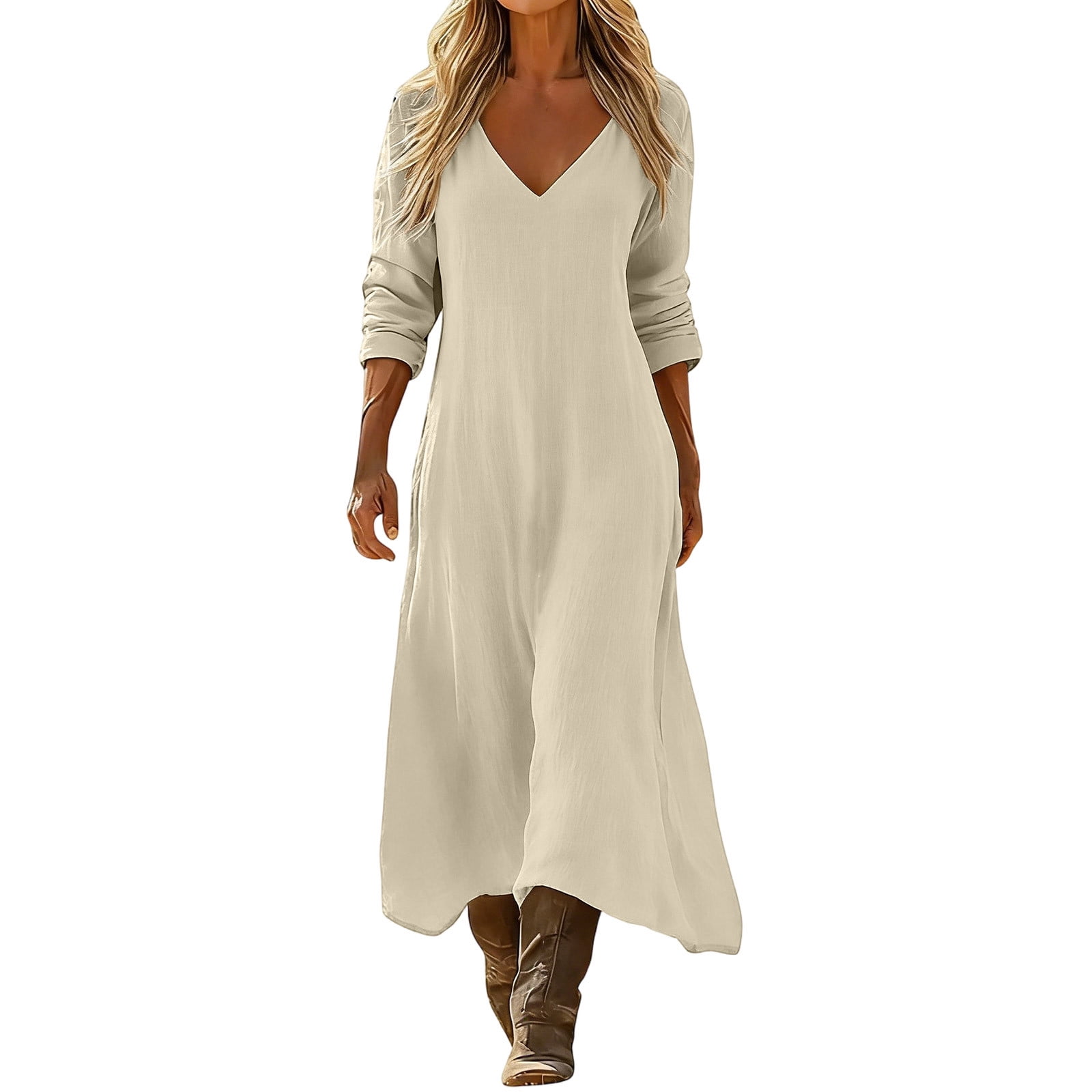 long sleeve comfy dresses Lenpel Long Sleeve Dresses for Women V Neck T Shirt Maxi Dresses Flowy Comfy Solid Color Casual Loose Fit Dresses, Women's, Size: Small