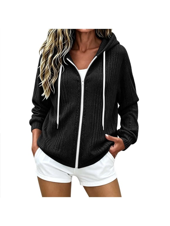 Long Sleeve Hoodies for Women Fall Ribbed Knit Zip up Warm Sweater Jackets Trendy Drawstring Casual Outerwear(Black,Medium)