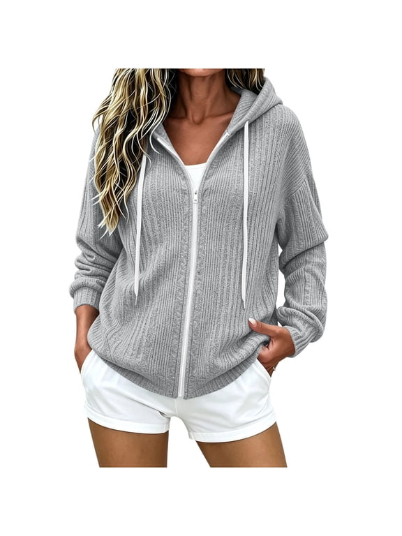 Long Sleeve Hoodies for Women Fall Ribbed Knit Zip up Warm Sweater Jackets Trendy Drawstring Casual Outerwear(Gray,Medium)
