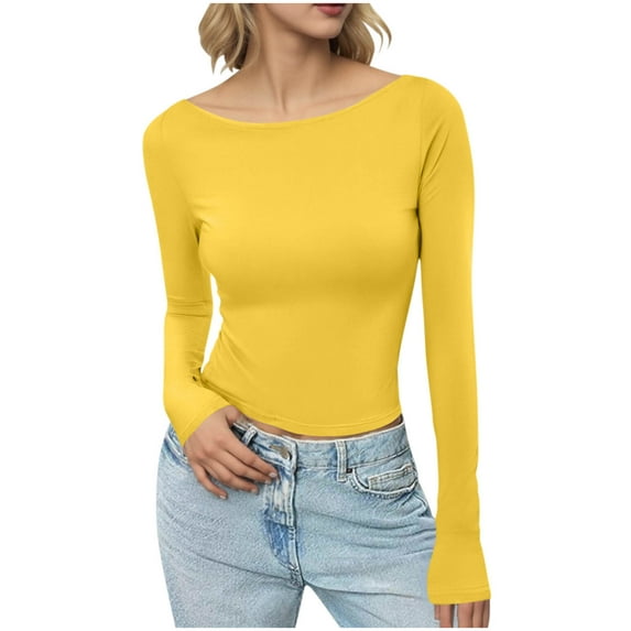 Lenpel Long Sleeve Shirts for Women Boat Neck Solid Color Slim Cropped T Shirts Soft Casual Tees Going out Tops(Yellow,Medium)