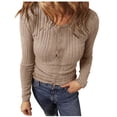 thumbnail image 1 of Lenpel Long Sleeve Shirts for Women Brushed Fleece Crew Neck Half Button Ribbed Knit Slim Tunic Tops Basic Casual Tees(Khaki,3X-Large), 1 of 5