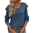 thumbnail image 1 of Lenpel Long Sleeve Shirts for Women Cotton Ruffle V Neck Solid Color Casual Tee Tops Loose Tunic Blouses, 1 of 3