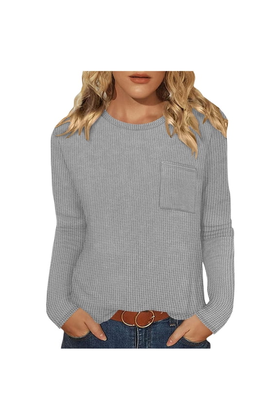 Long Sleeve Shirts for Women Crew Neck Curved Hem Textured Knit Tunic Tops Casual Loose Tee Blouses with Pocket(Gray,Large)