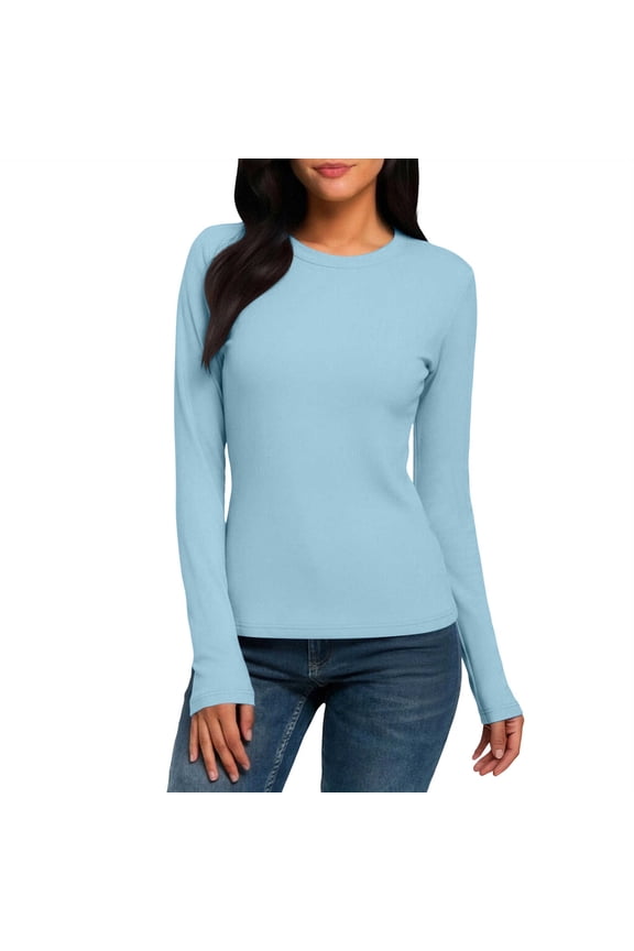 Long Sleeve Shirts for Women Crew Neck Slim T-Shirts Base Layer Tops Casual Basic Tees Trendy Tunic Blouses(Light Blue,X-Large)