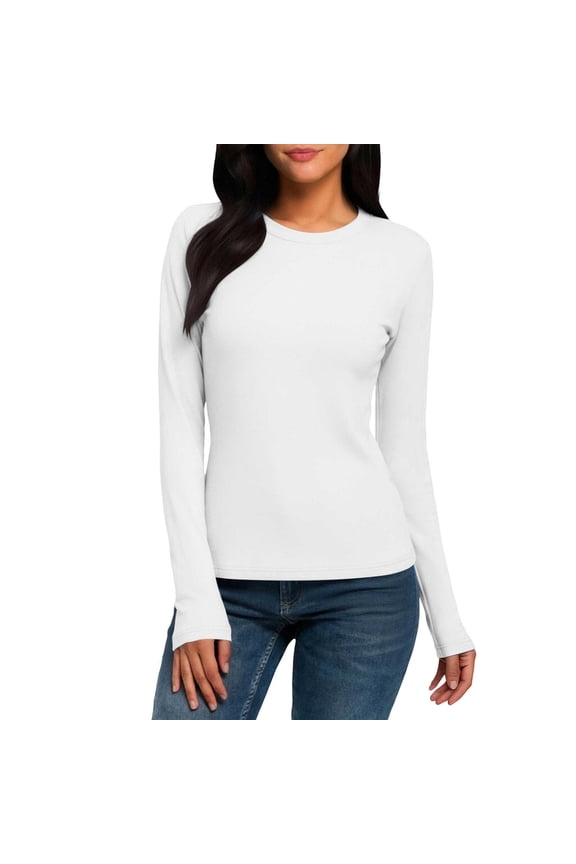 Long Sleeve Shirts for Women Crew Neck Slim T-Shirts Base Layer Tops Casual Basic Tees Trendy Tunic Blouses(White,Medium)
