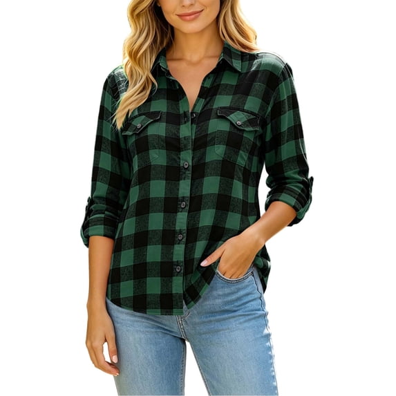 Lenpel Long Sleeve Shirts for Women Fall Plaid Collared Button down Shirts with Pockets Fashion Curved Hem Tops(Green,Medium)