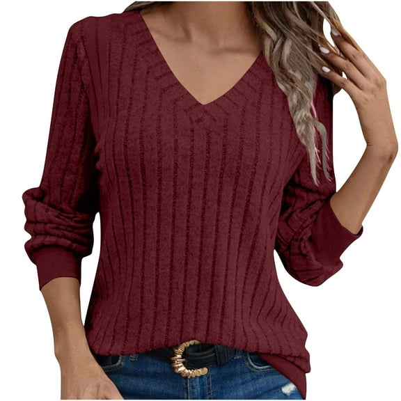 Lenpel Long Sleeve Shirts for Women Fashion V Neck Ribbed Knit Tunic Tops Casual Loose Tee Blouses Soft Lightweight Sweaters(Red,X-Large)
