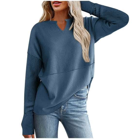 Lenpel Long Sleeve Shirts for Women Loose Casual V Neck Solid Color Knitted Tunic Tops Trendy Fall Outfits