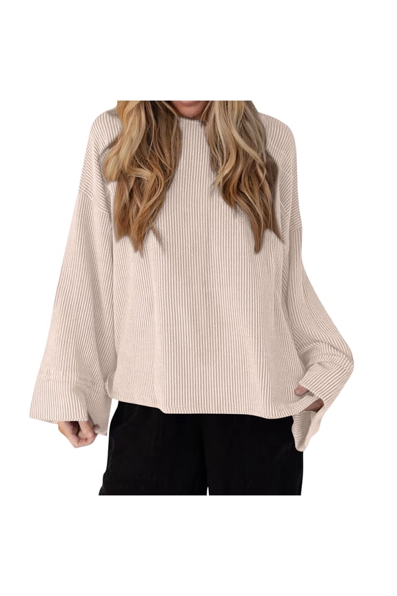 Long Sleeve Shirts for Women Oversized Boat Neck Side Split Striped Textured Tunic Tops Casual Loose Blouses(Beige,X-Large)