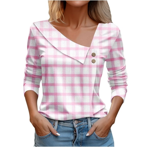 Lenpel Long Sleeve Shirts for Women Plaid Asymmetrical Neck Button Dressy Casual Blouses Trendy Tunic Tops